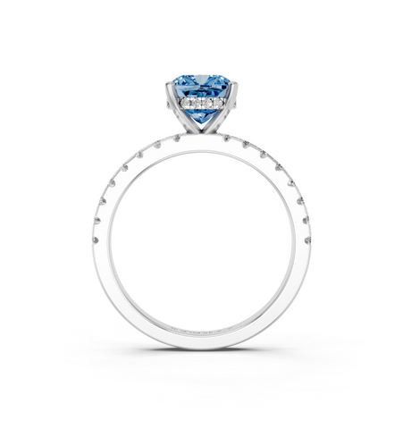 Platinum Fancy Blue Cushion  Solitaire Diamond Pavé Band with Four-Prong Setting