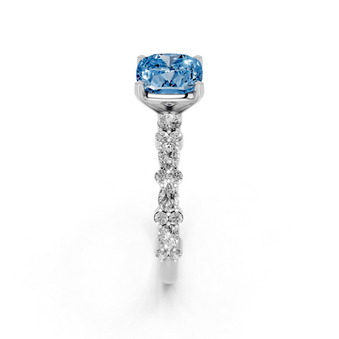 Platinum Fancy Blue Cushion  Solitaire with Side Stones, Pave Band, Four-Prong Setting