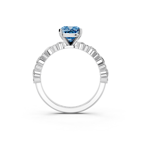Silver Fancy Blue Cushion  Solitaire with Side Stones, Pave Band, Four-Prong Setting