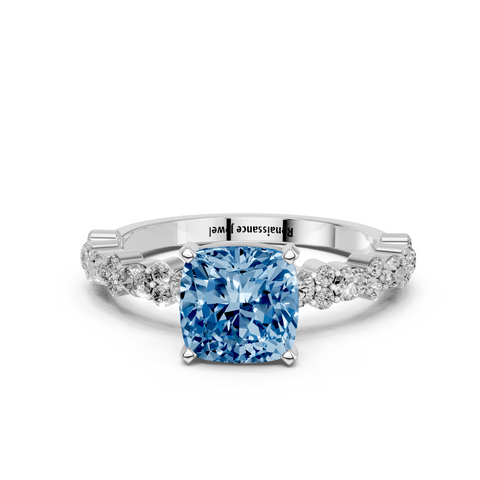 White gold Fancy Blue Cushion  Solitaire with Side Stones, Pave Band, Four-Prong Setting