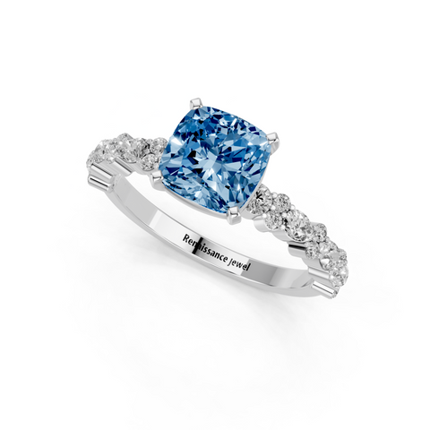 Platinum Fancy Blue Cushion  Solitaire with Side Stones, Pave Band, Four-Prong Setting