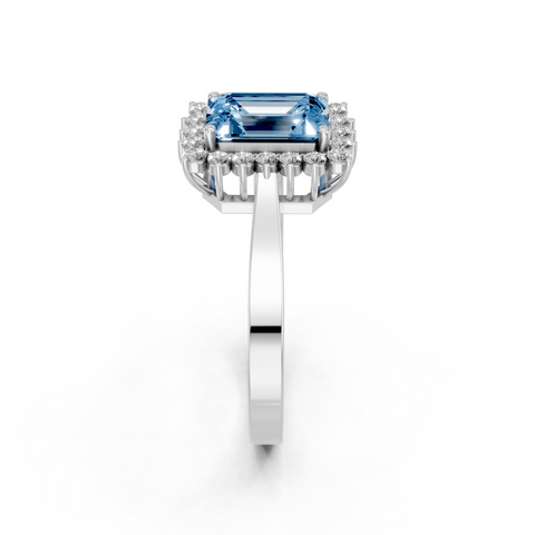 White gold Fancy Blue Emerald  Cut Diamond Halo Ring with Round Brilliant Halo and Solitaire Band