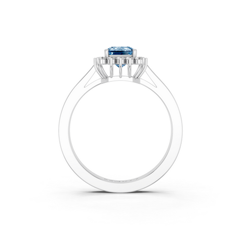 White gold Fancy Blue Emerald  Cut Diamond Halo Ring with Round Brilliant Halo and Solitaire Band