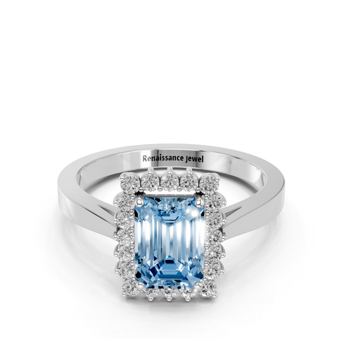 White gold Fancy Blue Emerald  Cut Diamond Halo Ring with Round Brilliant Halo and Solitaire Band