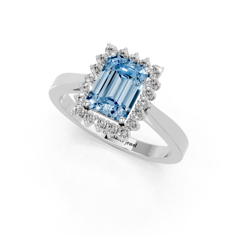 Platinum Fancy Blue Emerald  Cut Diamond Pavé Band Solitaire Ring with Four-Prong Setting