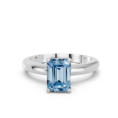 Platinum Fancy Blue Emerald  Cut Solitaire Engagement Ring with Round Band and Four-Prong Setting