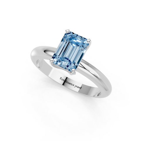 Platinum Fancy Blue Emerald  Cut Solitaire Engagement Ring with Round Band and Four-Prong Setting