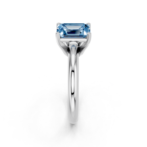White gold Fancy Blue Emerald  Cut Solitaire Engagement Ring with Round Band and Four-Prong Setting