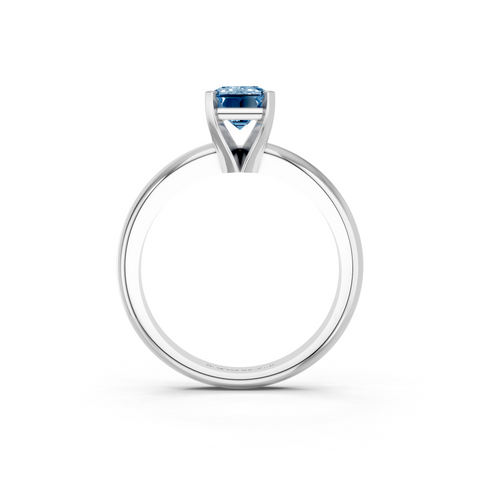 Platinum Fancy Blue Emerald  Cut Solitaire Engagement Ring with Round Band and Four-Prong Setting