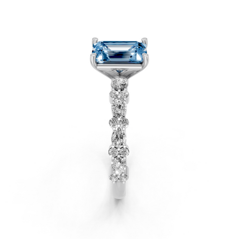 Platinum Fancy Blue Emerald  Solitaire with Side Stones, Pave Band, Four-Prong Setting