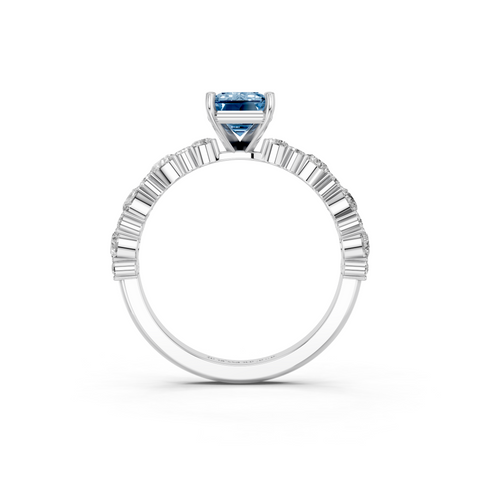 White gold Fancy Blue Emerald  Solitaire with Side Stones, Pave Band, Four-Prong Setting