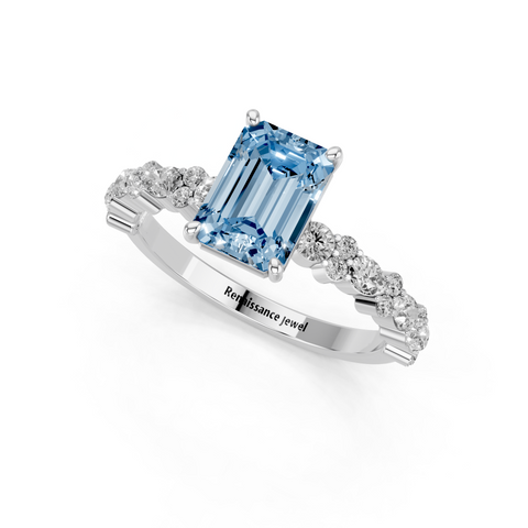 Silver Fancy Blue Emerald  Solitaire with Side Stones, Pave Band, Four-Prong Setting