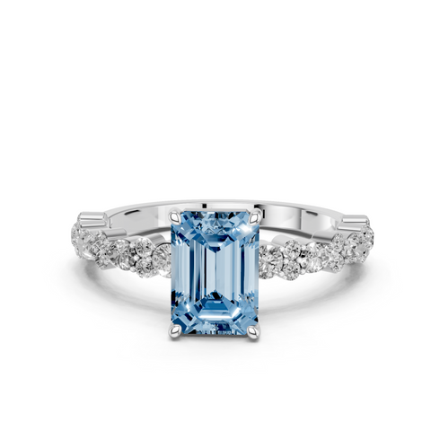 Platinum Fancy Blue Emerald  Solitaire with Side Stones, Pave Band, Four-Prong Setting