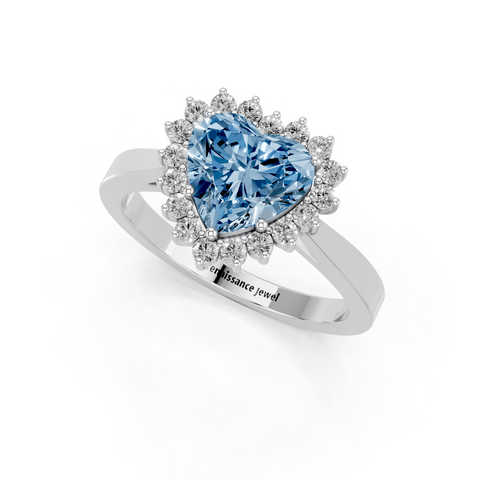 Silver Fancy Blue Heart  Cut Diamond Halo Ring with Round Brilliant Halo and Solitaire Band