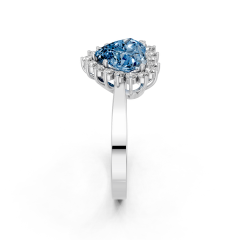 Platinum Fancy Blue Heart  Cut Diamond Pavé Band Solitaire Ring with Four-Prong Setting