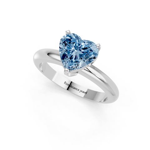 Silver Fancy Blue Heart  Cut Solitaire Engagement Ring with Round Band and Four-Prong Setting
