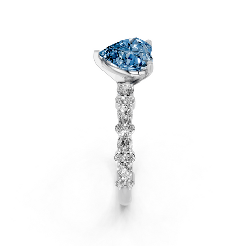 Silver Fancy Blue Heart  Solitaire with Side Stones, Pave Band, Four-Prong Setting