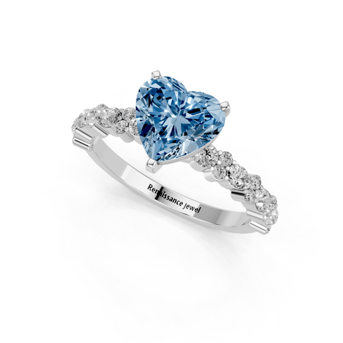 Platinum Fancy Blue Heart  Solitaire with Side Stones, Pave Band, Four-Prong Setting