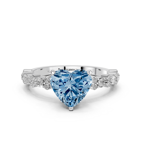 Silver Fancy Blue Heart  Solitaire with Side Stones, Pave Band, Four-Prong Setting