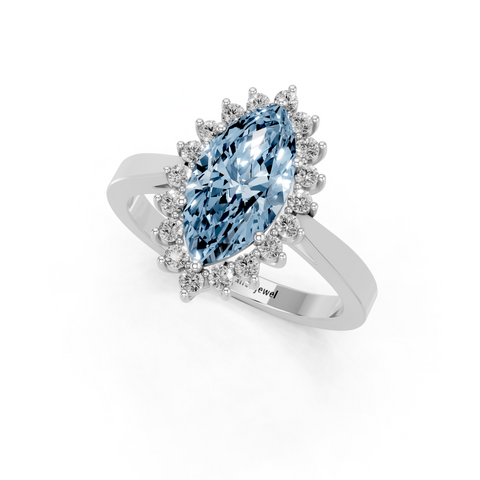 Silver Fancy Blue Marquise  Cut Diamond Halo Ring with Round Brilliant Halo and Solitaire Band