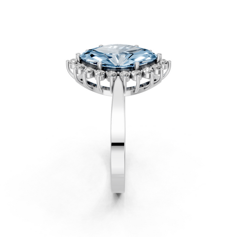 White gold Fancy Blue Marquise  Cut Diamond Halo Ring with Round Brilliant Halo and Solitaire Band