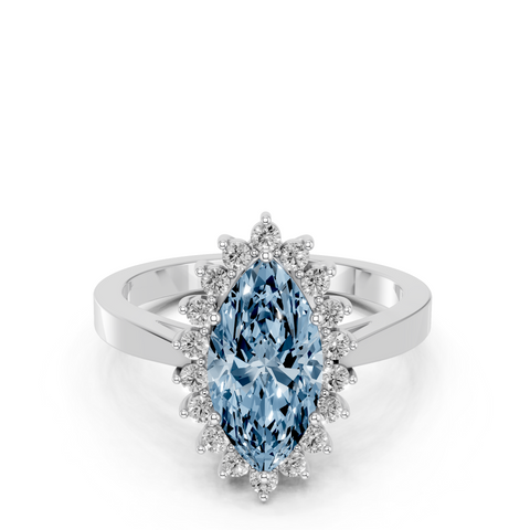 Platinum Fancy Blue Marquise  Cut Diamond Halo Ring with Round Brilliant Halo and Solitaire Band