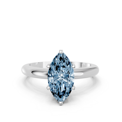 Silver Fancy Blue Marquise  Cut Solitaire Engagement Ring with Round Band and Four-Prong Setting
