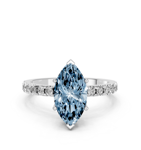 Platinum Fancy Blue Marquise  Solitaire Diamond Pavé Band with Four-Prong Setting