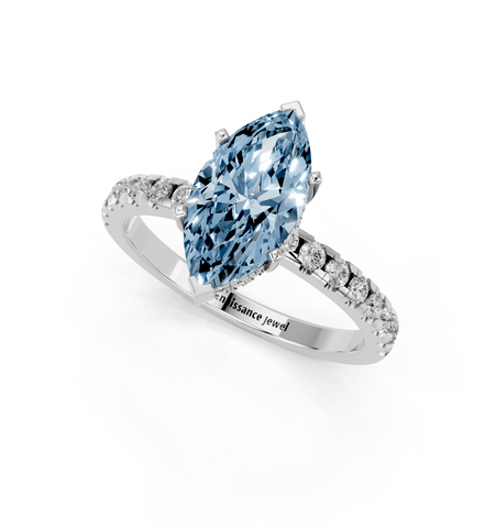 Platinum Fancy Blue Marquise  Solitaire Diamond Pavé Band with Four-Prong Setting