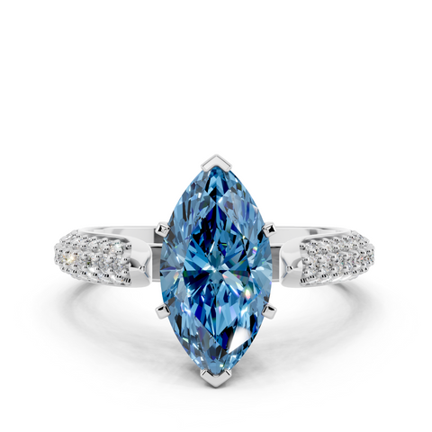 Silver Fancy Blue Marquise  Solitaire Pavé Diamond Engagement Ring with Four-Prong Setting