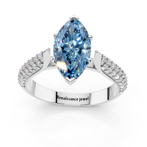 Silver Fancy Blue Marquise  Solitaire Pavé Diamond Engagement Ring with Four-Prong Setting