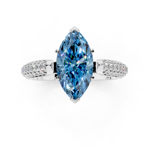 White gold Fancy Blue Marquise  Solitaire Pavé Diamond Engagement Ring with Four-Prong Setting