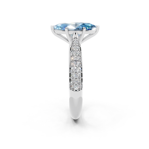 Silver Fancy Blue Marquise  Solitaire Pavé Diamond Engagement Ring with Four-Prong Setting