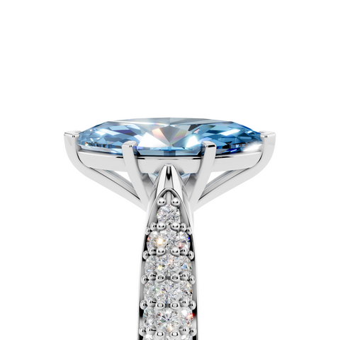Silver Fancy Blue Marquise  Solitaire Pavé Diamond Engagement Ring with Four-Prong Setting