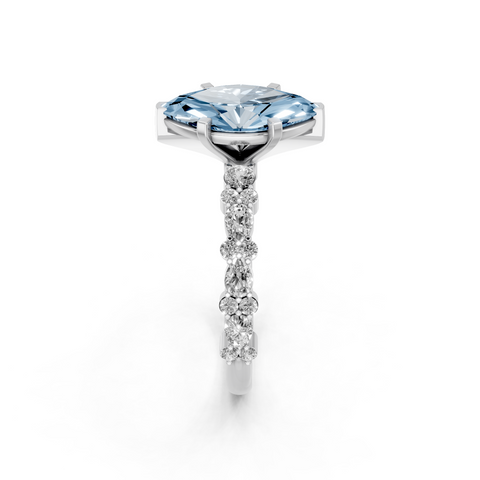 White gold Fancy Blue Marquise  Solitaire with Side Stones, Pave Band, Four-Prong Setting