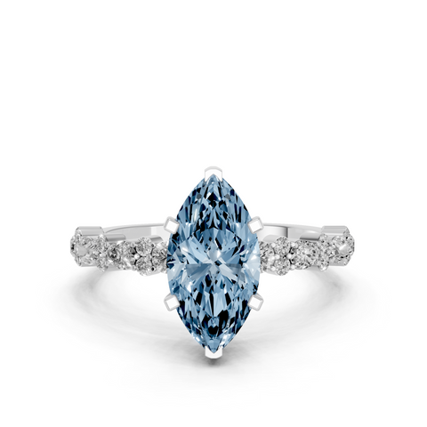 Silver Fancy Blue Marquise  Solitaire with Side Stones, Pave Band, Four-Prong Setting