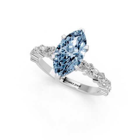 Platinum Fancy Blue Marquise  Solitaire with Side Stones, Pave Band, Four-Prong Setting