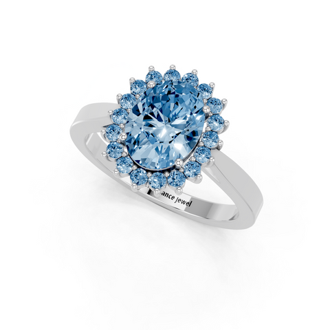 Silver Fancy Blue Oval  Cut Diamond Halo Ring with Round Brilliant Halo and Solitaire Band