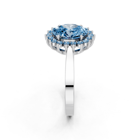 White gold Fancy Blue Oval  Cut Diamond Halo Ring with Round Brilliant Halo and Solitaire Band