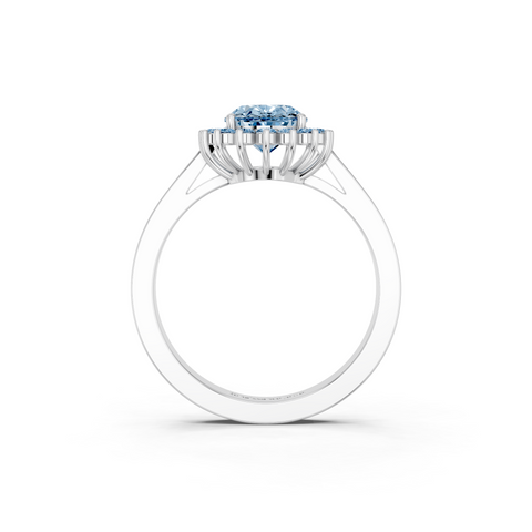 White gold Fancy Blue Oval  Cut Diamond Halo Ring with Round Brilliant Halo and Solitaire Band