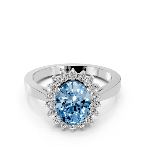 White gold Fancy Blue Oval  Cut Diamond Halo Ring with Round Brilliant Halo and Solitaire Band