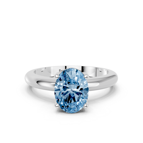 Platinum Fancy Blue Oval  Cut Solitaire Engagement Ring with Round Band and Four-Prong Setting