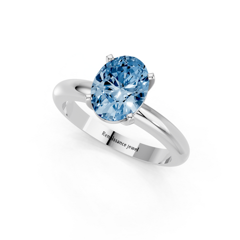 Platinum Fancy Blue Oval  Cut Solitaire Engagement Ring with Round Band and Four-Prong Setting