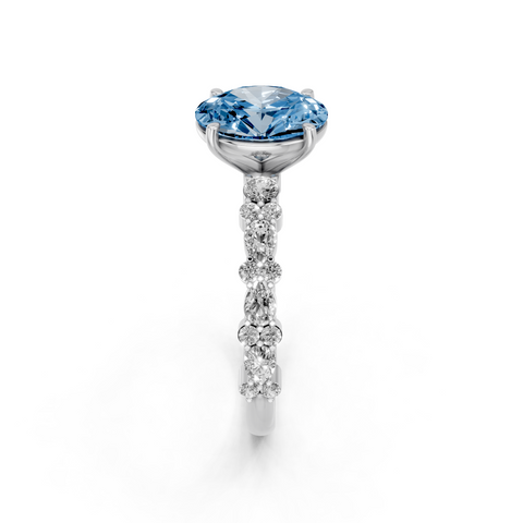 White gold Fancy Blue Oval  Solitaire with Side Stones, Pave Band, Four-Prong Setting