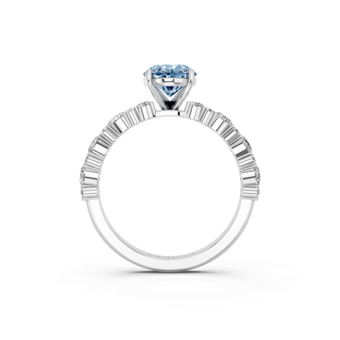 Platinum Fancy Blue Oval  Solitaire with Side Stones, Pave Band, Four-Prong Setting