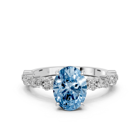 Platinum Fancy Blue Oval  Solitaire with Side Stones, Pave Band, Four-Prong Setting