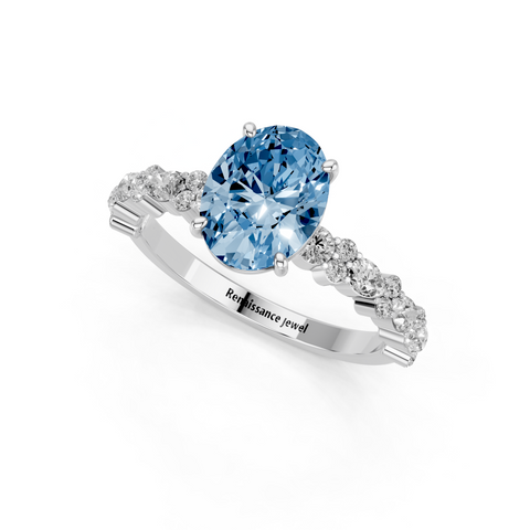 Platinum Fancy Blue Oval  Solitaire with Side Stones, Pave Band, Four-Prong Setting