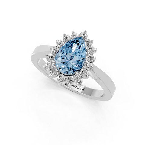 Platinum Fancy Blue Pear  Cut Diamond Halo Ring with Round Brilliant Halo and Solitaire Band
