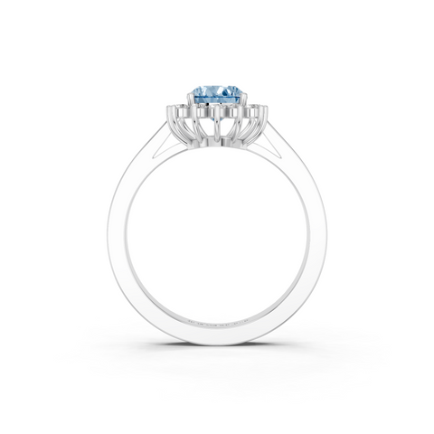 White gold Fancy Blue Pear  Cut Diamond Halo Ring with Round Brilliant Halo and Solitaire Band