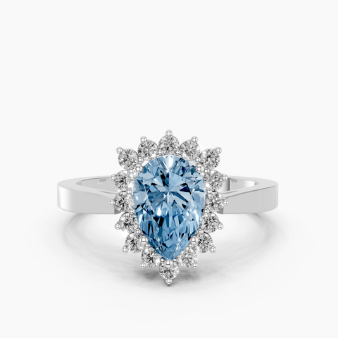 Platinum Fancy Blue Pear  Cut Diamond Halo Ring with Round Brilliant Halo and Solitaire Band